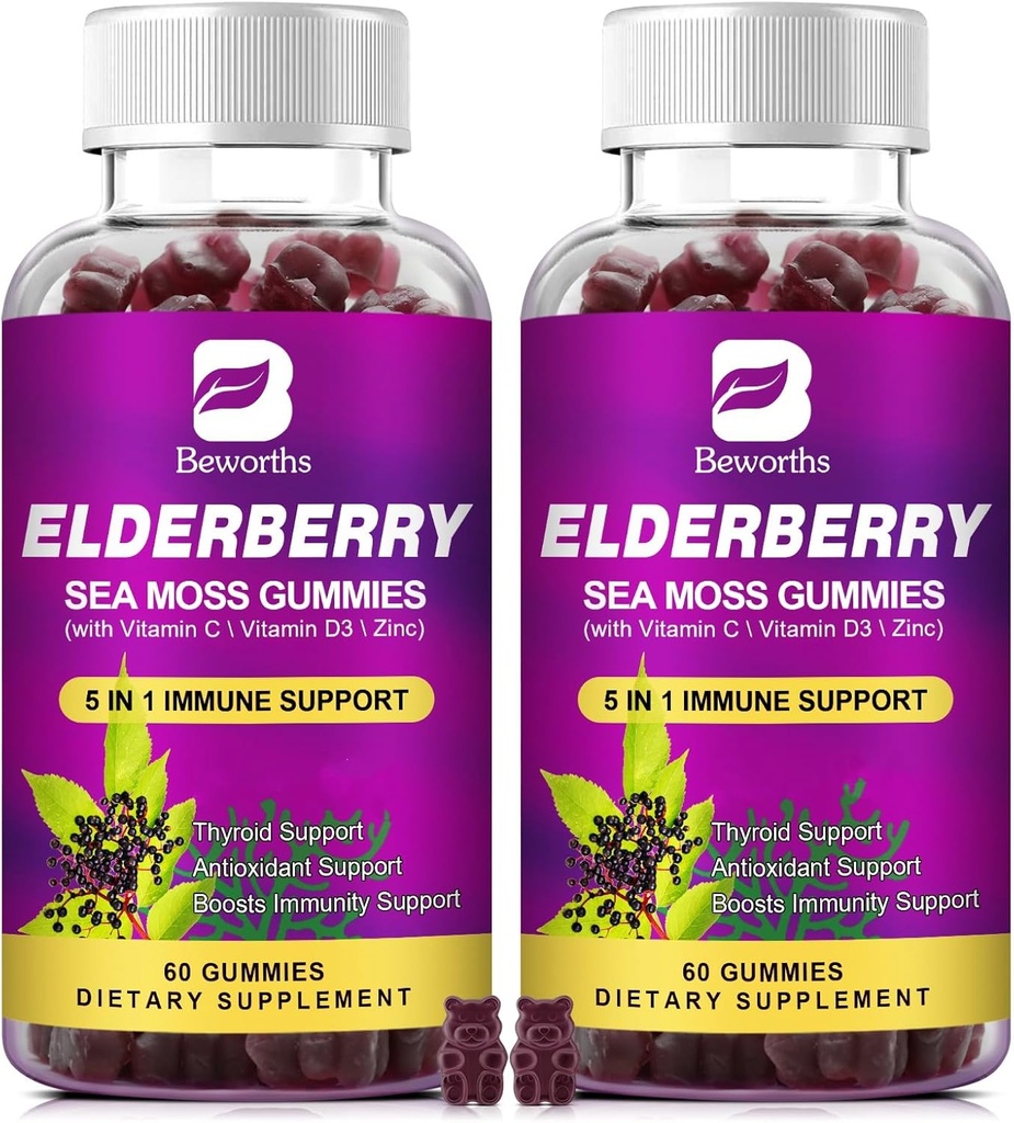 (2 Pack Vlierbessen Gummies & Irish Sea Moss, Biologische Sambucus Vlierbessen Gummy met Seamoss, Zink, Vitamine C, D3, Multivitamine Vlierbessen Vitamines - Suikervrij
