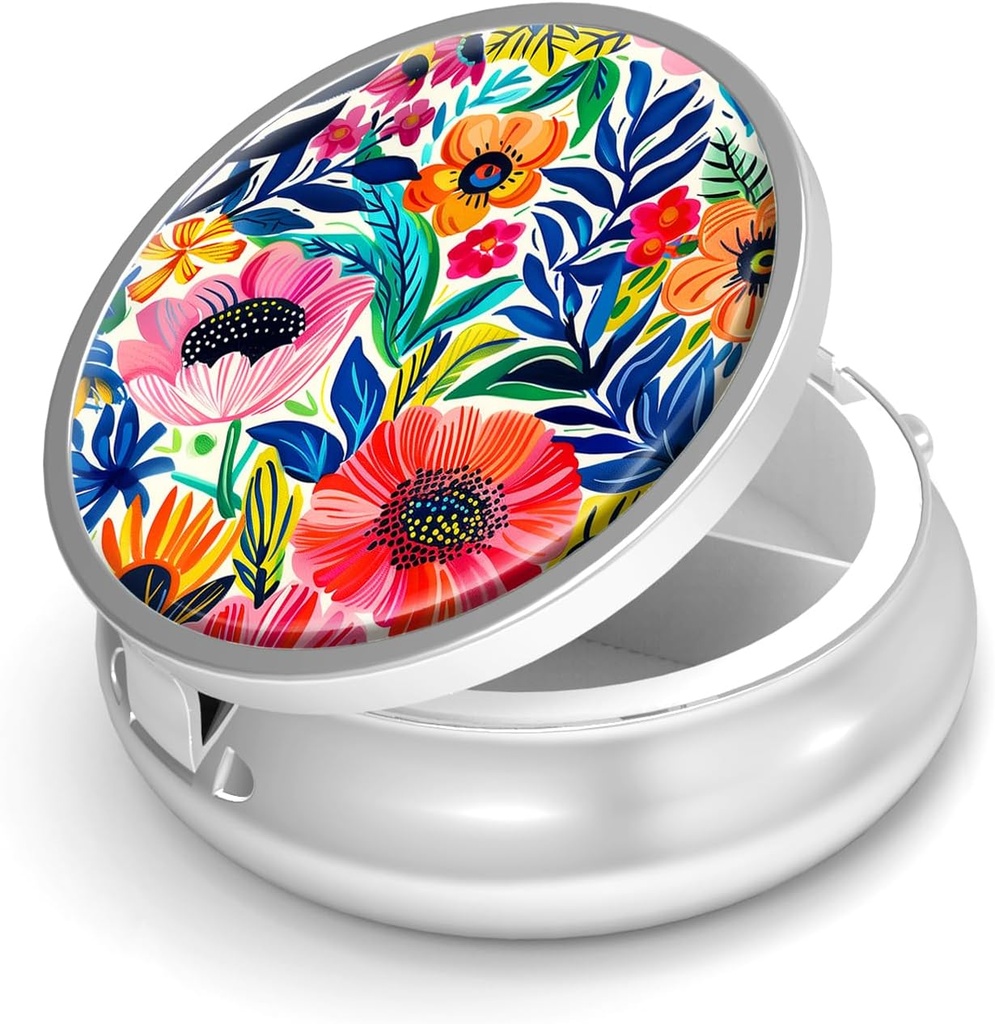 Pill Box-3 Compartiment petit cas de pilule pour la Purse & Pocket Mini Pill Holder Metal Travel Pill Container pour tenir des suppléments de vitamines sans BPA (fleur de jardin)