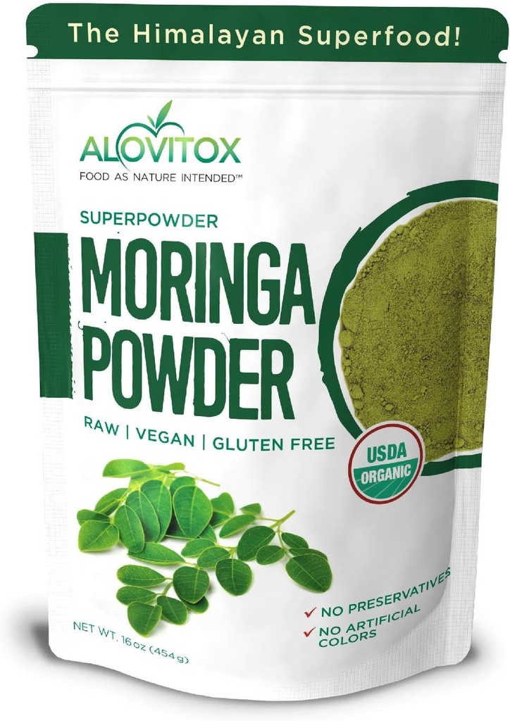 Organic Moringa Oleifera Powder 16 oz Plant Proteins, Amino Acids, Antioxidanten en Vitamines - Energizing Drumstick Leaf Powder 