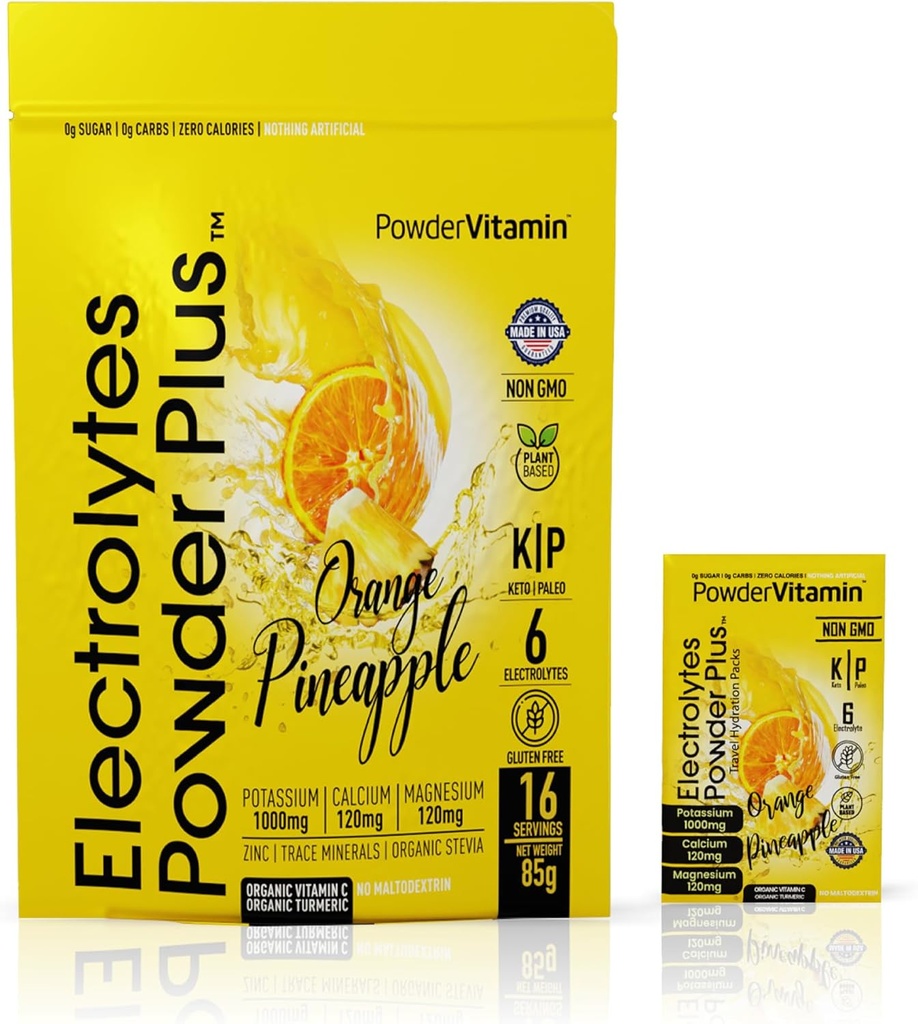 PoederVitamine Elektrolyten Poeder Plus, Keto, Oranje Ananas, Suikervrij, Roze Himalaya Zout, 1000mg Kalium, 120mg Calcium, 120mg Magnesium, Non-GMO, Zero Calorieën, (16 Hydration Packets)