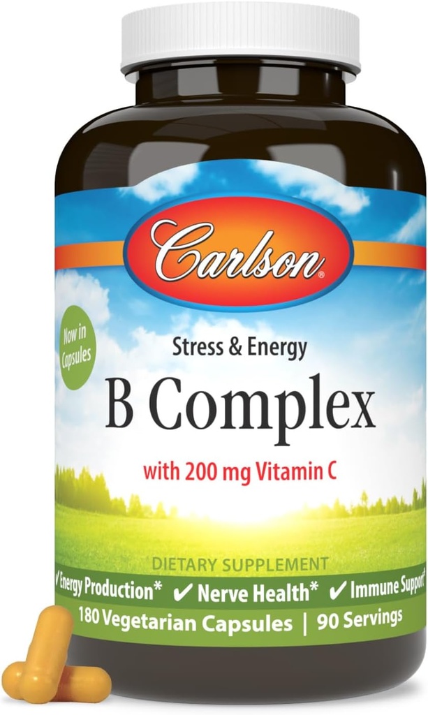 Carlson - B Complex Balanced B Vitaminen met vitamine C - Stress, Energy & Immune Vitamine B Complex for Women & Men - 180 Vegetarische Capsules