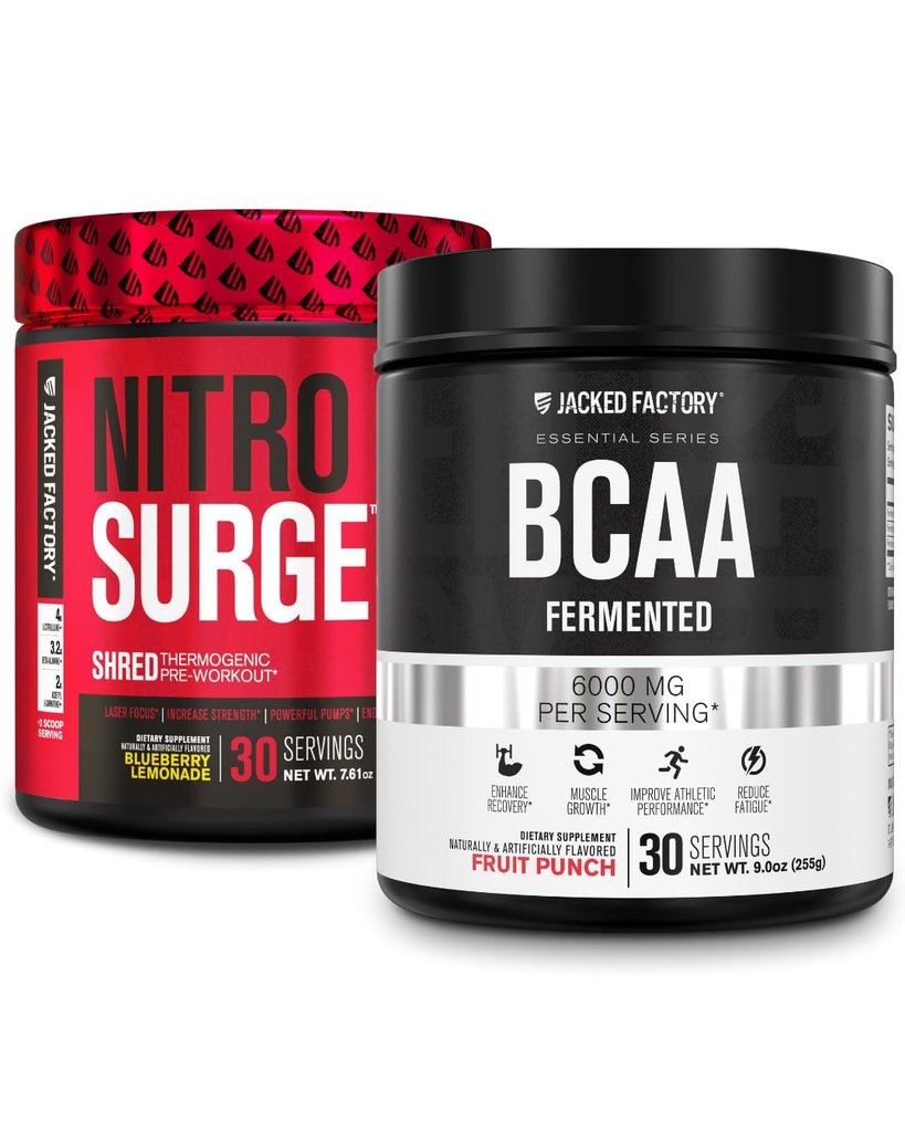 Ge Jacked Factory Nitrosurge Shred Thermogenic Pre-workout in Blueberry Lemonade & BCAA in Fruit Punch voor Body Recomposition, Muscle Building and Recovery