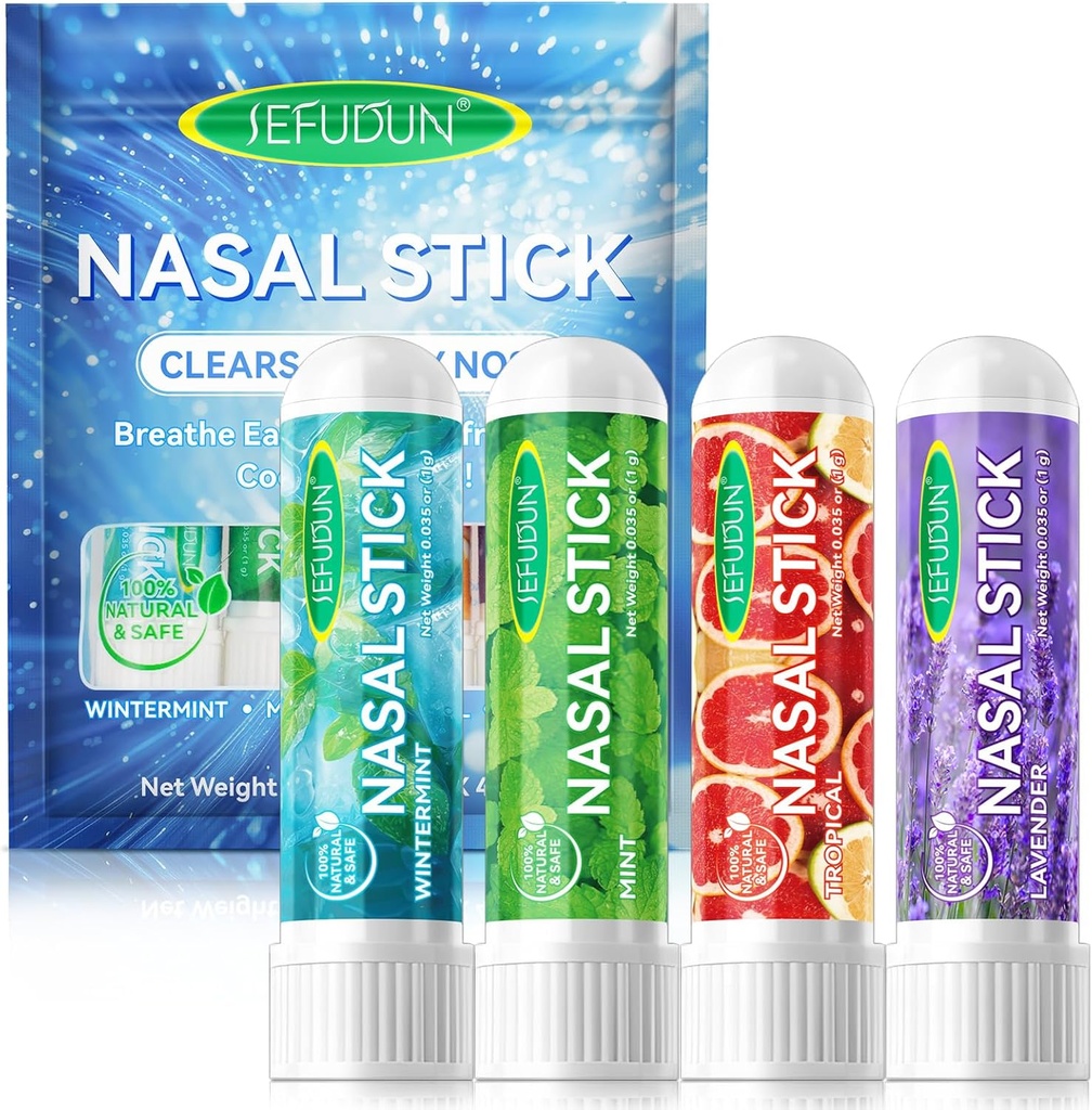 4PCS neusstick, neus inhalatorstick, inhalator neusstick voor Sinus relief&vertigo relief,Aromatherapie inhalator gemaakt met essentiële oliën+menthol (Mint,Wintermint,Tropical,Lavendel)