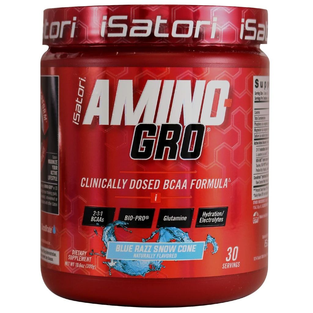 iSatori Amino-GRO BCAA Poudre, Acides aminés à chaîne ramifiée avec glutamine, poudre d'électrolyte et peptides bioactifs bio-GRO pour la croissance musculaire et la récupération après entraînement, Blue Razz Snow Cone (30 portions)