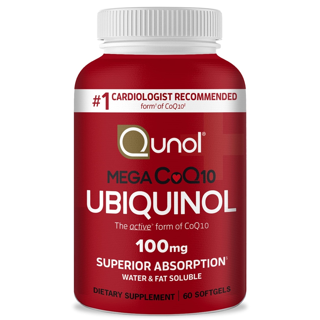 Qunol Ubichinol CoQ10 100mg Softgels, Mega Ubichinol 100mg - Superior Absorptie - Actieve Vorm van Co-enzym Q10 voor hartgezondheid en gezonde bloeddrukniveaus - 2 maand levering - 60 Tel.