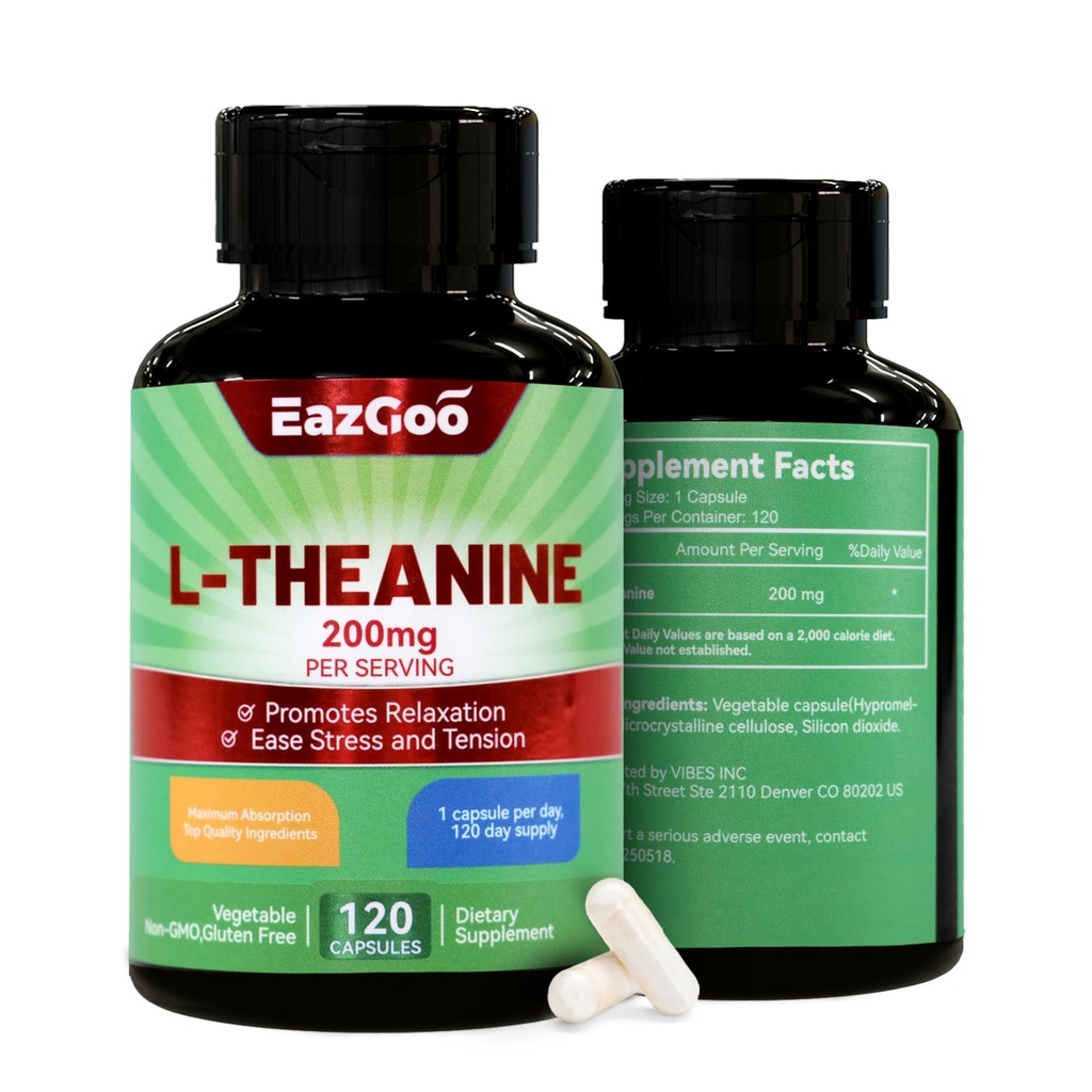 L-Theanine 200mg, Aminozuursupplement ter ondersteuning van ontspanning, stress, L Theanine Capsules - Non-GMO, Glutenvrij, 240 Veg Capsules