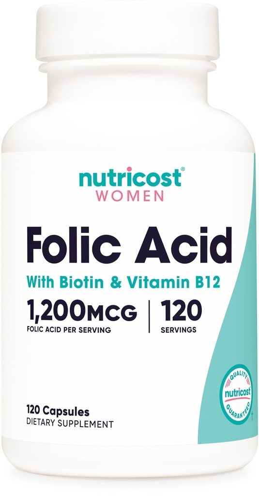 Nutricost Foliumzuur voor vrouwen (Vitamine B9) 1200 mcg, 120 Capsules, met B12 en Biotine, Veggie Caps, Non-GMO & Glutenvrij