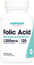 Nutricost Folic Acid for Women (Vitamine B9) 1200 mcg, 120 capsules, met B12 en Biotine, Veggie Caps, Non-GMO & Glutenvrij