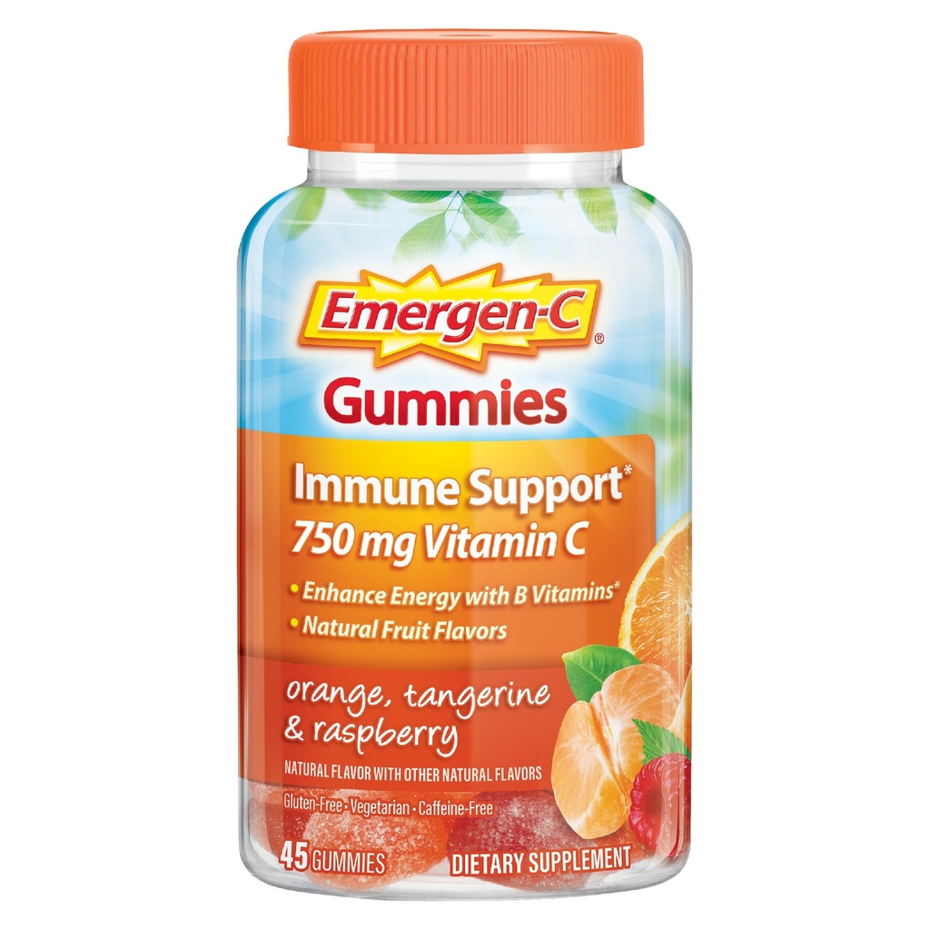 Emergen-C 750mg Vitamine C Gummies voor volwassenen, Immuniteit Gummies met B Vitaminen, Glutenvrij, Oranje, Tangerine en Raspberry Smaken, Terug naar School Essentials - 45 Tellen