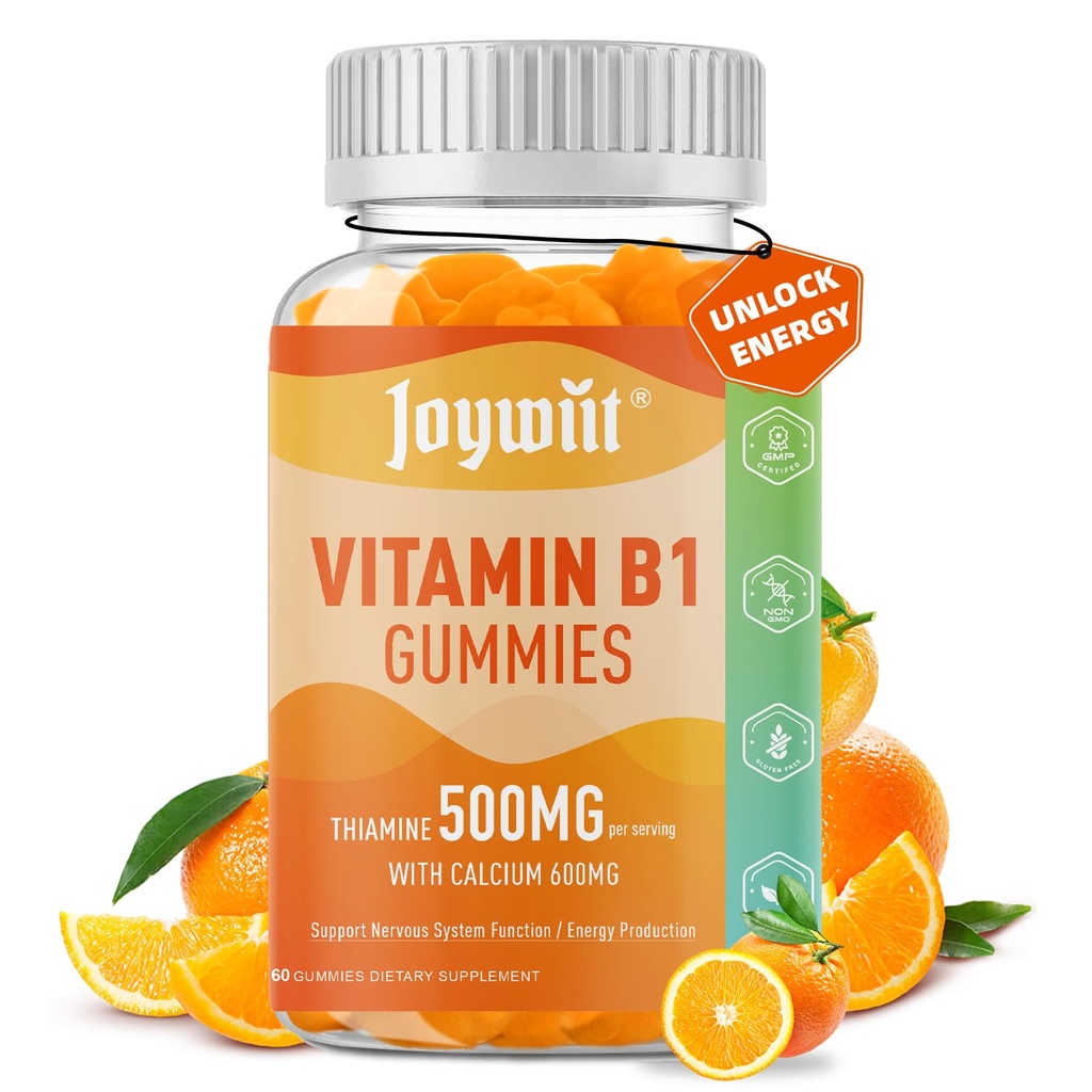 Vitamine B1 Gommies 500mg, Supplément de la Thiamine B1 à croquer pour les adultes, avec 600mg de citrate de calcium, système nerveux de soutien, végétalien, saveur d'orange naturelle