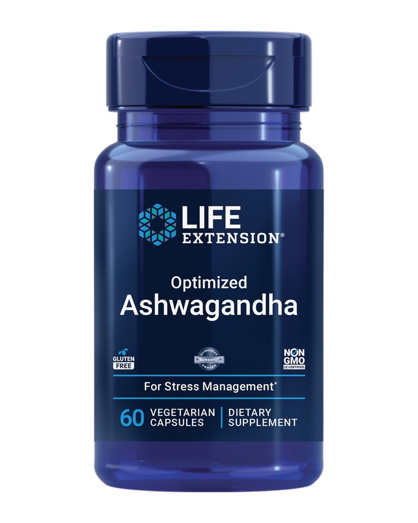 Life Extension Optimized Ashwagandha - Stress Management Supplement for a Healthy Stress Response, Focus, Memory, Stress Relief - Vegetarian, Gluten-Free, Non-GMO, 60 Capsules