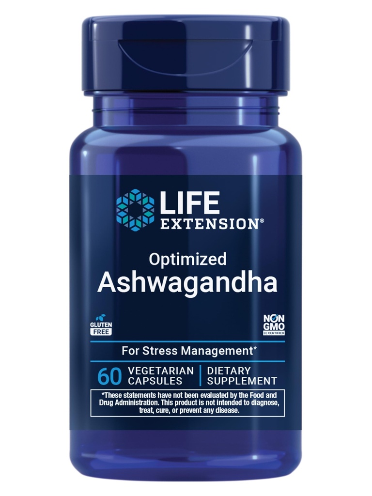 Life Extension Optimized Ashwagandha - Stress Management Supplement voor een gezonde stress response, focus, geheugen, stress relief - Vegetarisch, Glutenvrij, Non-GMO, 60 capsules