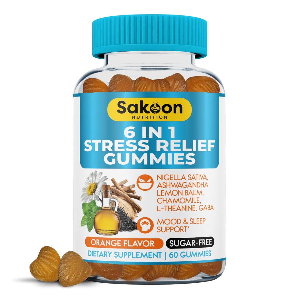 6-in-1 Stress Relief Gummies 60ct - Aids Ontspannen met Ashwagandha, GABA, L-theanine, Citroen Balm, kamille, Black Cumin Seed Nigella Sativa. Verbeterde diepe slaap, gewrichtsondersteuning - 60 gummies