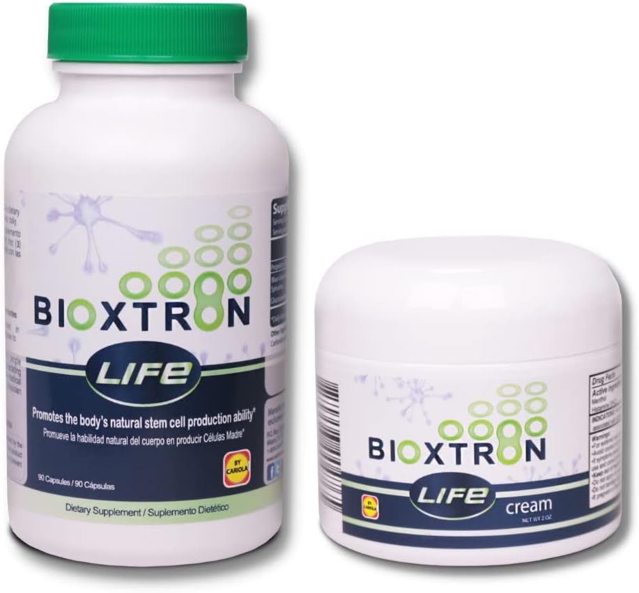 Bioxtron Life AFA Stam Cell Supplement - Gezamenlijke Ondersteuning & Spierpijn - Ondersteuning van het immuunsysteem - Ondersteuning van energieniveaus - Stamcelproductie - Blue Green Algen Spirulina - 90 Caps + Cream 2 oz