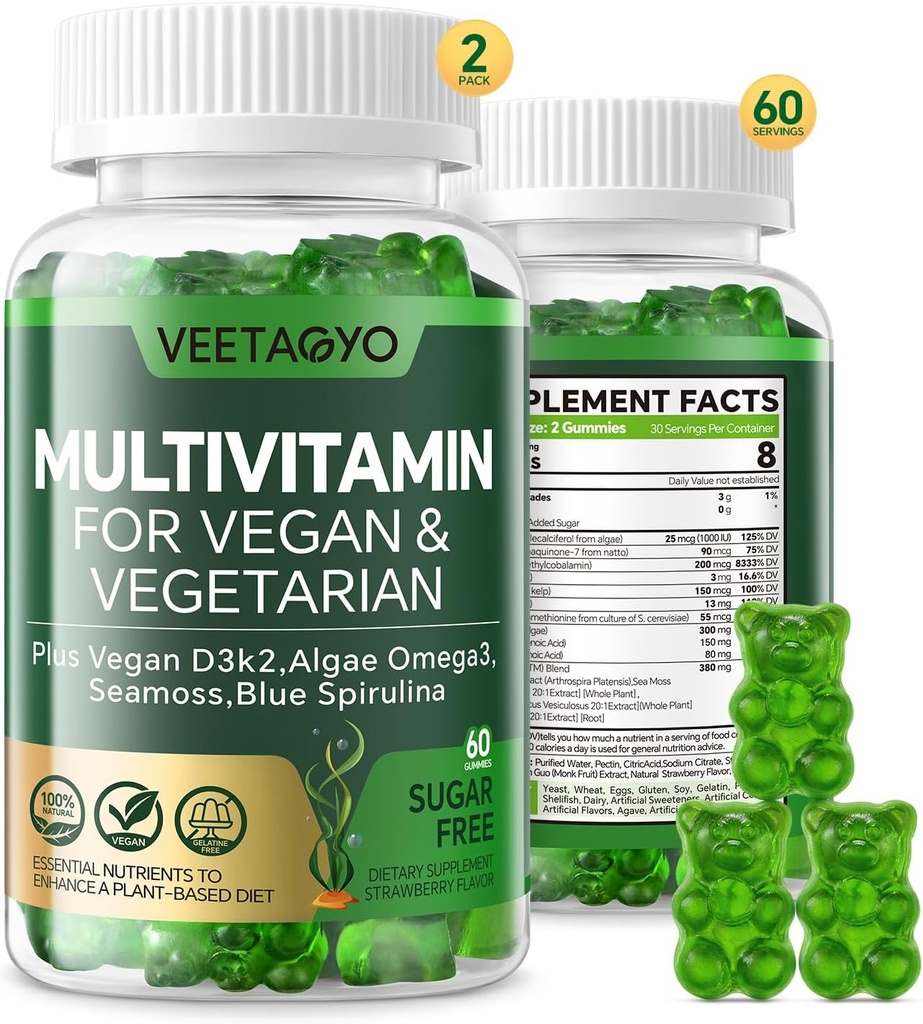 Vitamine D3 + K2-1000IU D3 90mcg K2 - Multivitamine voor vegetarisch & Volwassenen w/Algen Omega-3,Iron, Methyl B12,Seamoss,Iodine voor bot, muscle, energie, community support- Sugar Free,Gluten-Free,120 Tel.