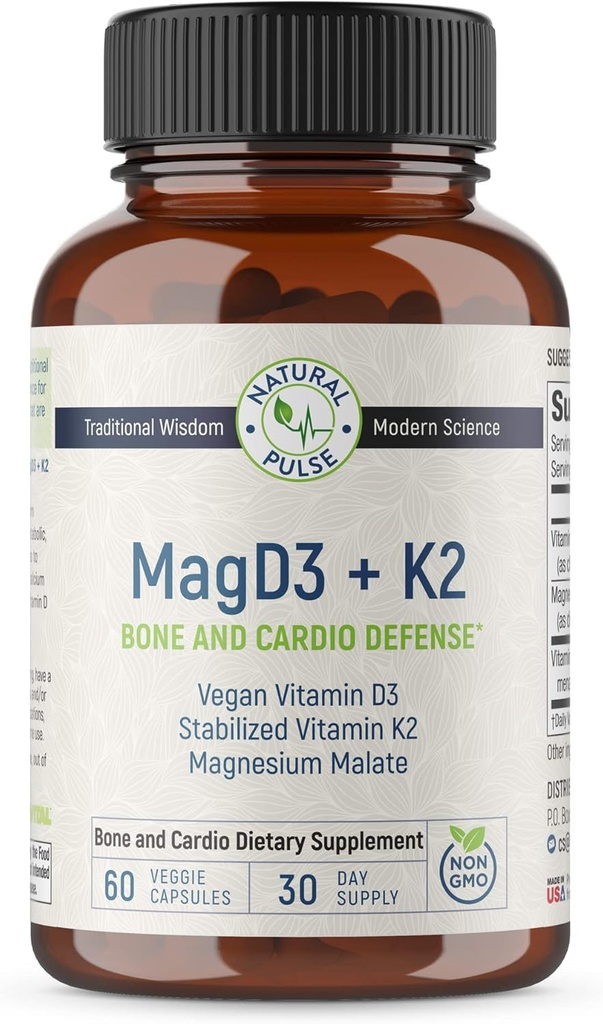 Malate de magnésium + Vitamine Végétale D3 + Vitamine Stabilisée K2, Supplément de soutien complet pour l'énergie cellulaire, cardio-vasculaire, immunitaire et métabolique santé et force osseuse, 90 capsules de légumes