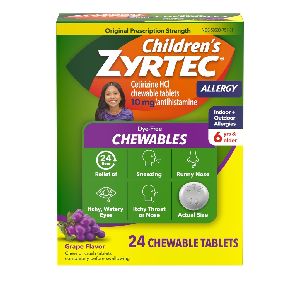 Zyrtec Children's Dye-Free Chewables for 24 Hour Allergie Relief, 10 mg Cetirizine Hydrochloroide Antihistamine Tablets, Kids Allergie Medicine Relives Sneezing & Itchy Throat, Grape, 24 st.