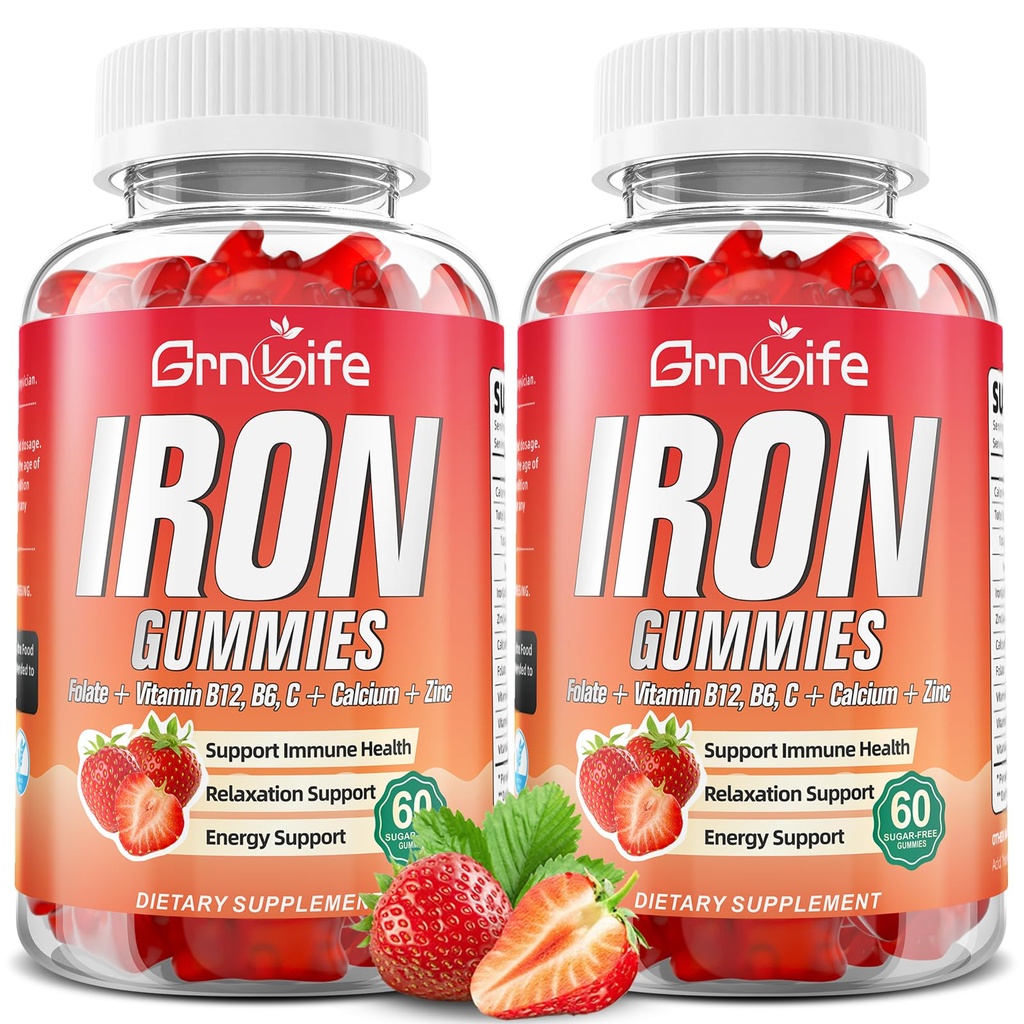Gommies de fer pour femmes, hommes et enfants, supplément de fer sans sucre avec calcium, zinc, folate et vitamine B12, C, B6 - pour la construction de sang et le soutien énergétique, Anémie, fraise, 120 comte