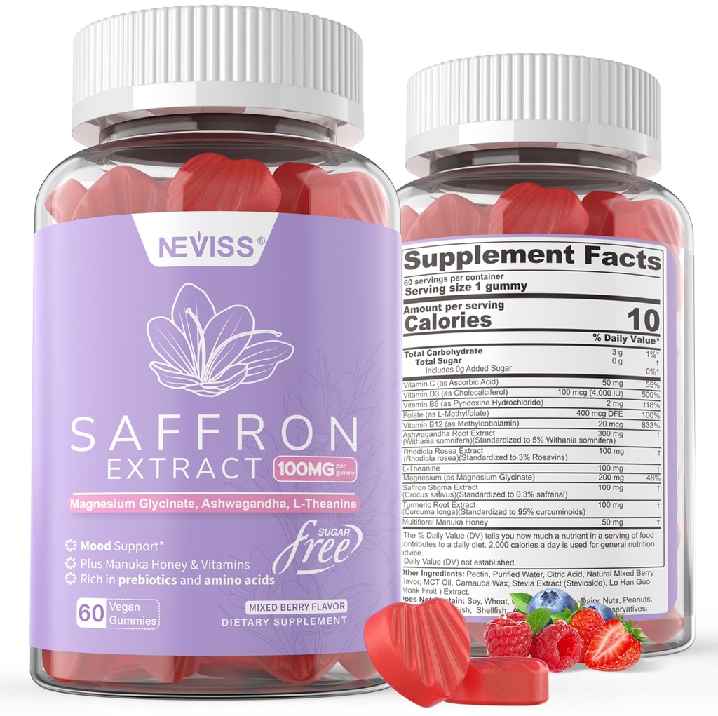 Saffron Supplementen Gummies 100mg - 100% Pure Saffron Extract met Magnesium Glycinaat, L-Theanine, Kurkuma, Ashwagandha, Honey & Vitamin B Complex voor Mood & Power, Antioxidant, Vitaliteit - 120 Tel.