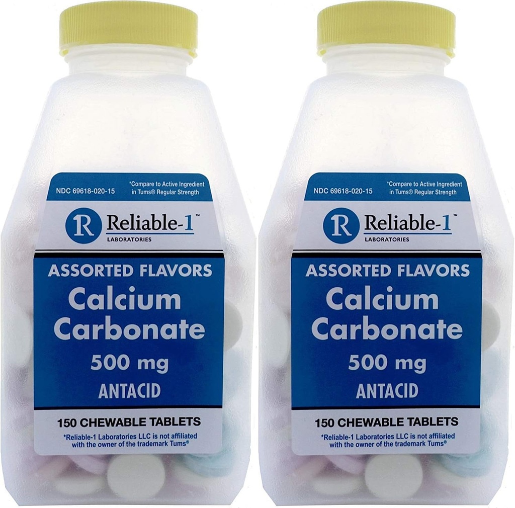 Calcium 500 mg Generic for Tums Assorted Fruit Gearomatiseerde Kauwtabletten Regelmatige sterkte Antacida voor zuur indigestie, brandend maagzuur 150 Kauwtabletten per flesverpakking van 2