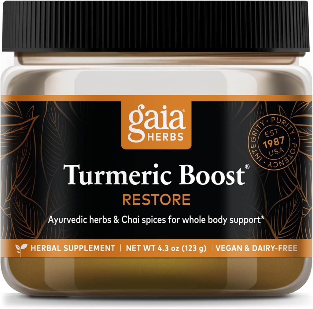 Gaia Kruiden Kurkuma Boost Restore - Kurkuma Drink Mix Ondersteuning van een gezonde respons op zwelling bij volwassenen - met Kurkuma Curcumin, Black Pepper, Holy Basil & Ginger - 4.3 Ounces (21-Day Supply)