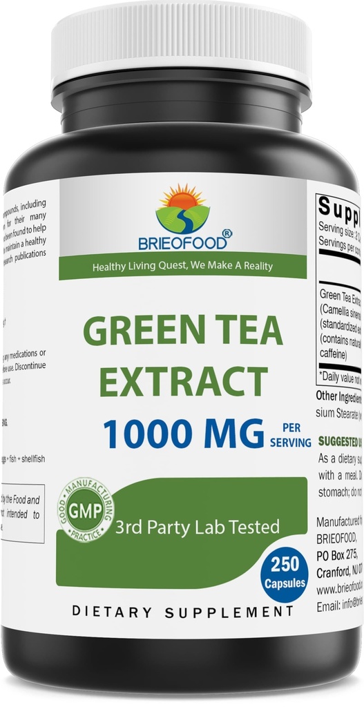 Brieofood Green Tea Extract 1000 mg per portie (Min 50% Polyfenolen) - 250 capsules - 3rd Party Lab Getest op zuiverheid en kwaliteit