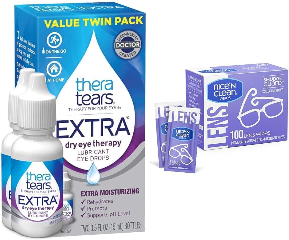 TheraTears Extra droge oogdruppels, 2 Count & Nice 'n Clean 100 SmudgeGuard Lens Wipes Bundle