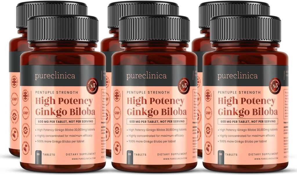 purclinica Haute puissance Ginkgo Biloba 30 000 mg x 540 Comprimés (6 bouteilles de 90) - 18 mois d'approvisionnement - 5 fois La force des produits concurrents