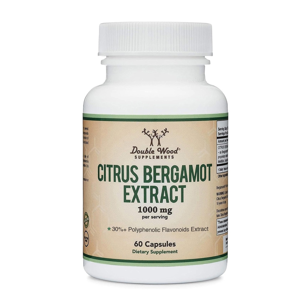 Supplément d'agrumes Bergamote, 1000mg, 60 Capsules - Soutient les niveaux de cholestérol et de triglycérides sains - 1 000mg de portions (normalisation des bergamontes) par Double Wood
