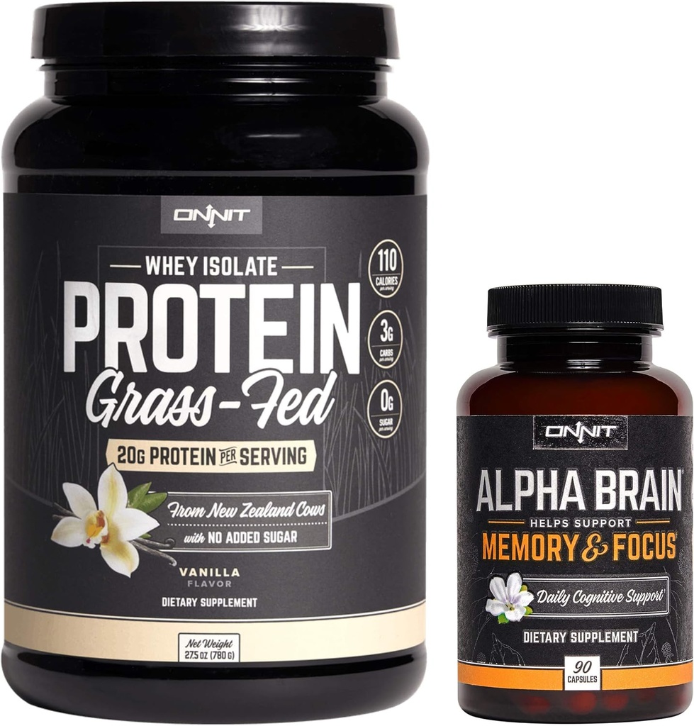 ONNIT Nootropic + Sportvoeding Stack - Alpha Brain (90ct) + Grass Fed Wei Proteïne (Vanilla)