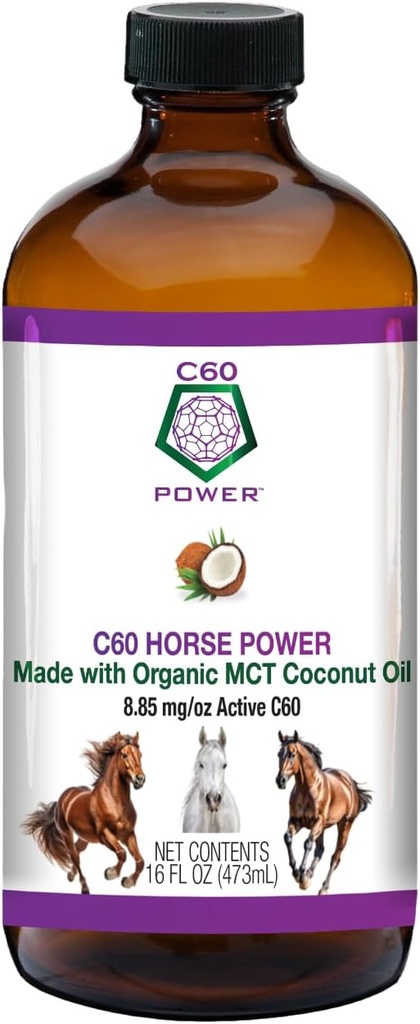 C60 Horse Power - C60 in biologische MCT kokosolie, natuurlijke wellness ondersteuning voor paarden, 99,99% Pure Carbon Fullerenes, bevordert gezonde veroudering, energie, en mobiliteit - 16 fl oz fles