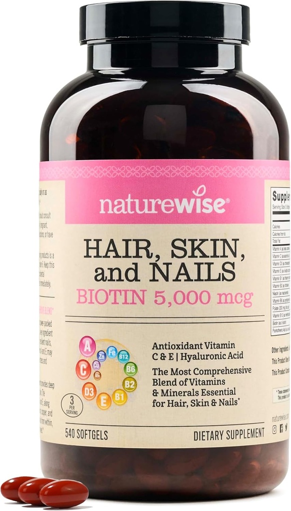NatureWise Hair Skin and Nails Vitamin, Biotin 5000mcg w/Hyaluronic Acid, Collageen for Women with C, B Complex, D3, A, E, Iron - Non-GMO, Gluten Free - 540 Softgels[6-Maand Supply]