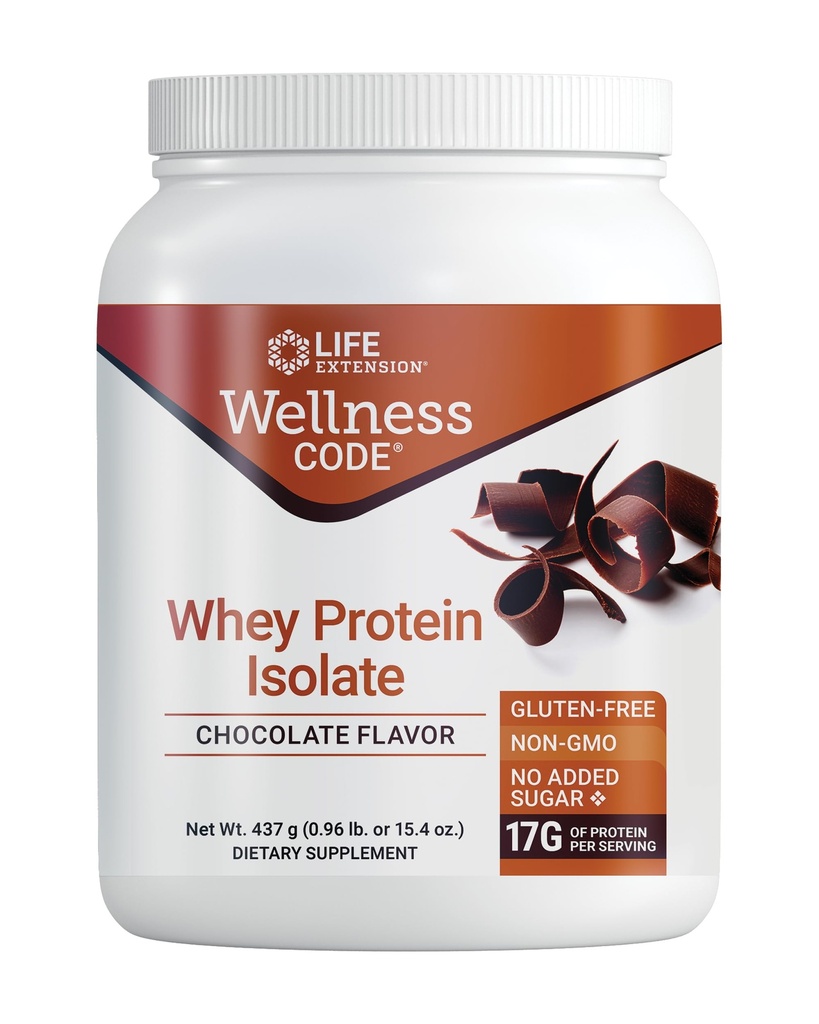 Life Extension Wellness Code® Wei Protein Isolaat (Chocolaat), proteïne en vertakte Aminozuren voor Spiergroei & Immune Health, geen suiker toegevoegd, glutenvrij, non-GMO, 437 Gram, 20 Servers