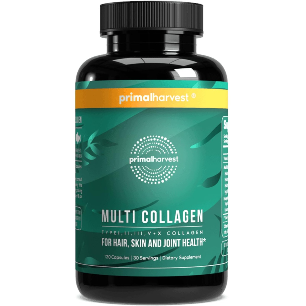 Primal Harvest Multi Collageen Pillen voor vrouwen en mannen (type I, II, III, V, X) 120 Capsules w/Vitamine C voor haar, huid, nagels