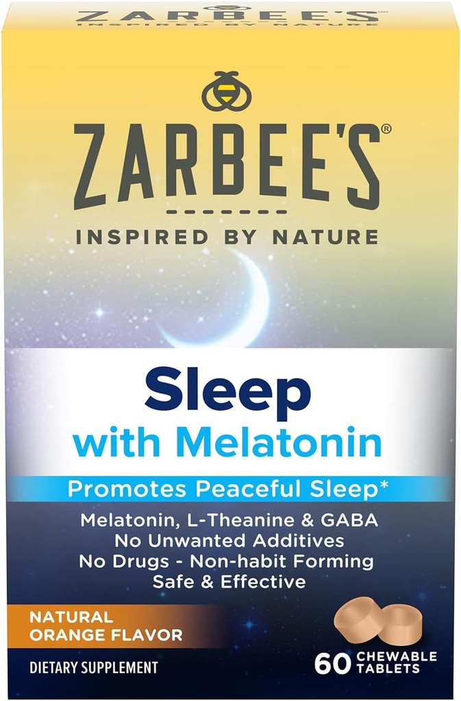 Zarbee's Melatonine 5mg, L-Theanine + GABA slaapsupplement te bevorderen vreedzame slaap, natuurlijke sinaasappelsmaak, kauwtabletten voor volwassenen leeftijd 12 Up, 60 Tellen