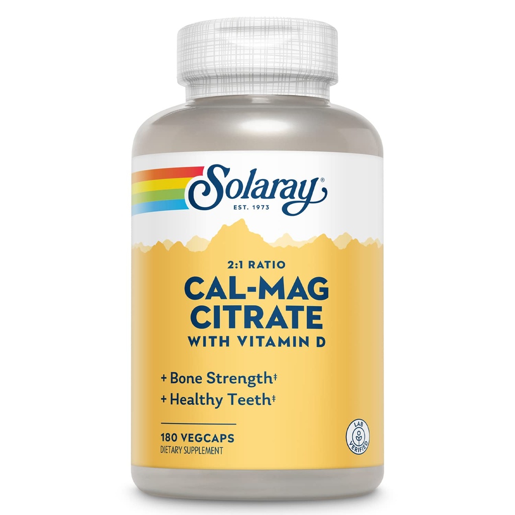 SOLARAY Calcium & Magnesium Citrate 2:1 Ratio w/Vitamine D-3, gezonde botten, spier- en zenuwstelselondersteuning, hoge absorptie 180 capsules