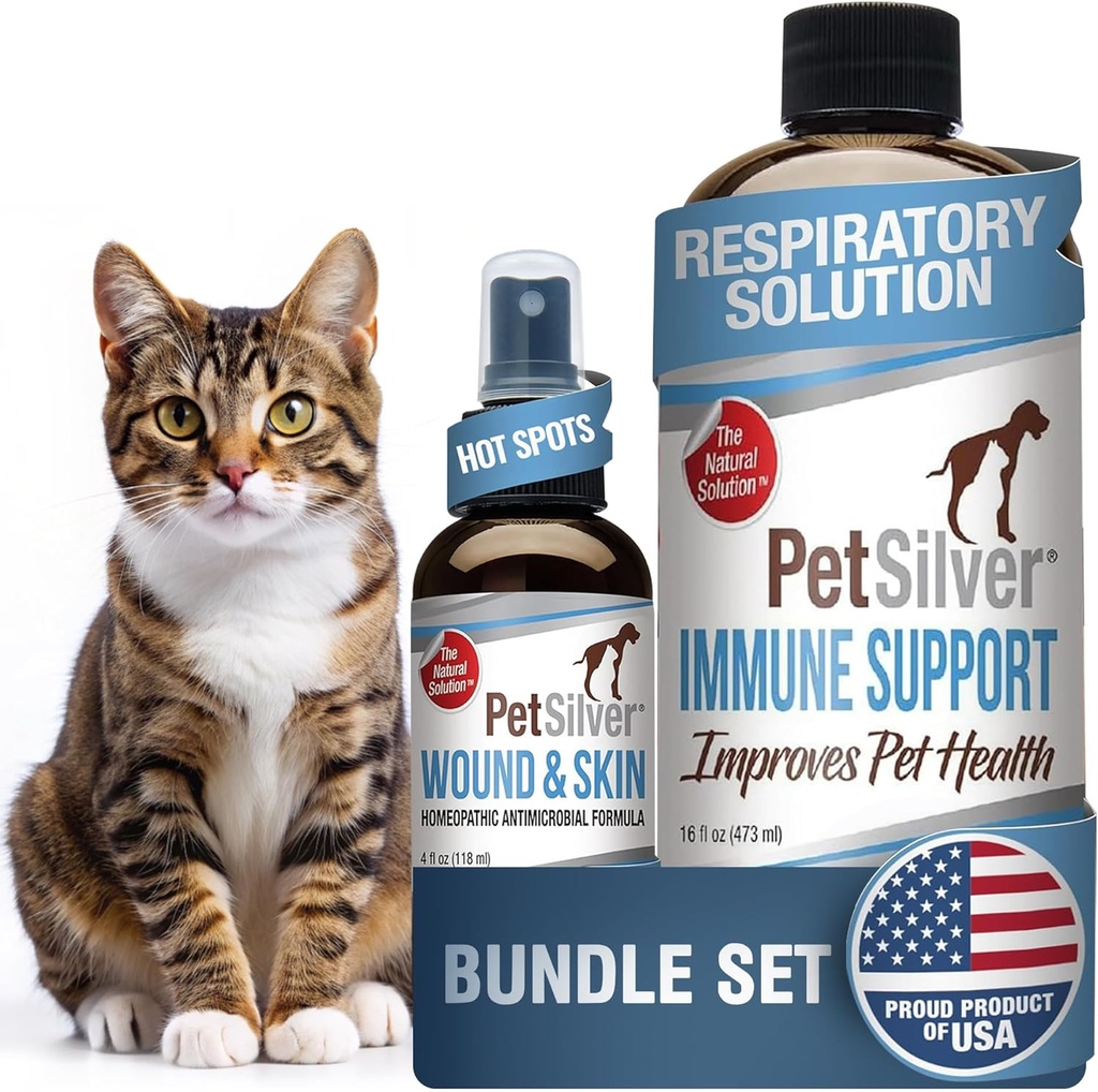 PetSilver - Immune Support (16 fl oz) en Wound & Skin Spray (4 fl oz) met gepatenteerd gecheleerd zilver - Allergieën, Sinus & Cough Treatment - Wound Care & Hot Spot Spray voor katten en honden - Made in USA