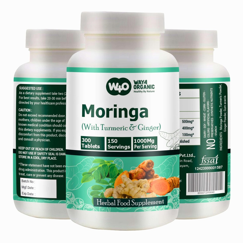 Moringa tabletten met Kurkuma en Gember, 300 pillen, 5 maanden levering, 150 Serven, 1000 Mg per portie. Een capsule met meerdere voordelen - Ondersteunt spijsverteringsgezondheid(pakket van 1)