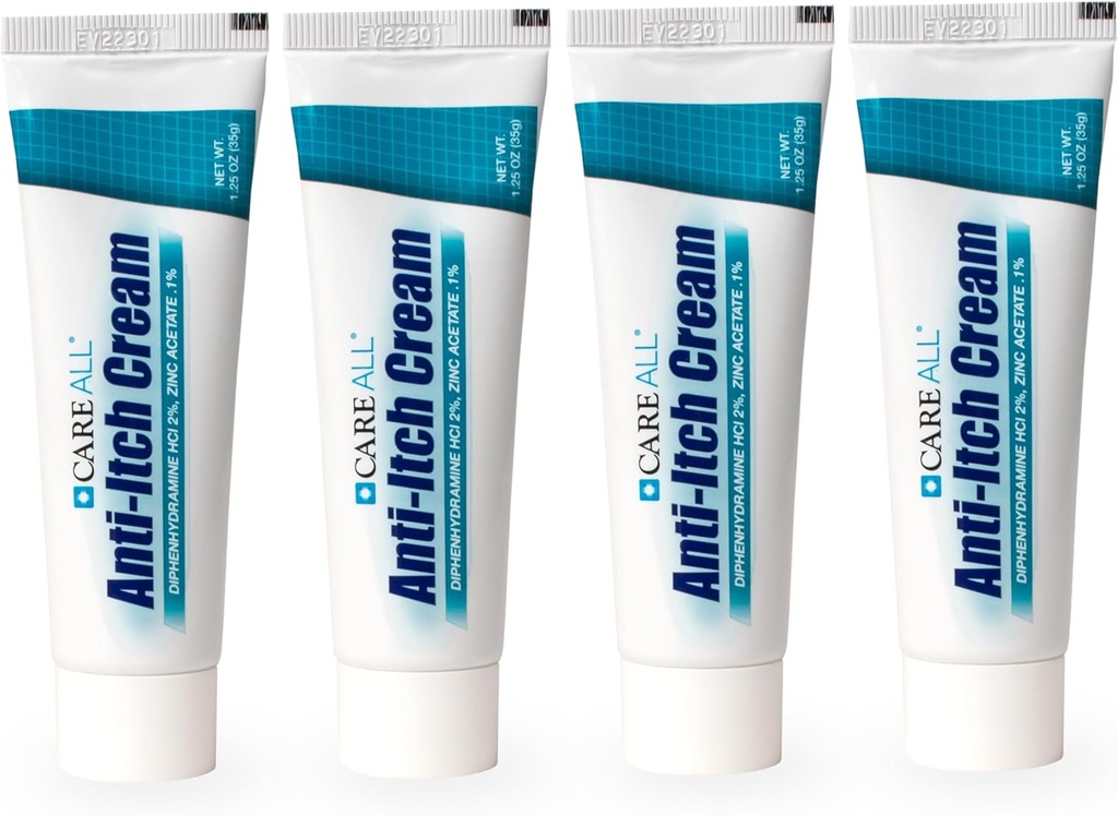 CareAll Anti-Itch Cream 1.25oz (4 Pack) Histamine Blocking, Difenhydramine HCI 2% Topical Analgesic & Zinkacetaat 0,1% Huidbescherming tegen tijdelijke pijn en jeuk Verlichting van gewone buiten jeuk
