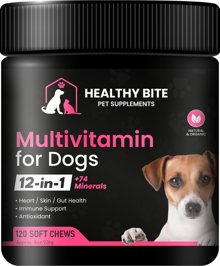 Gezonde bijt 12 in 1 Multivitamine voor honden - huid en jas supplement, Immune Support, Huisdier Vitaminen, Calcium voor honden Made in USA - 120 Tellen
