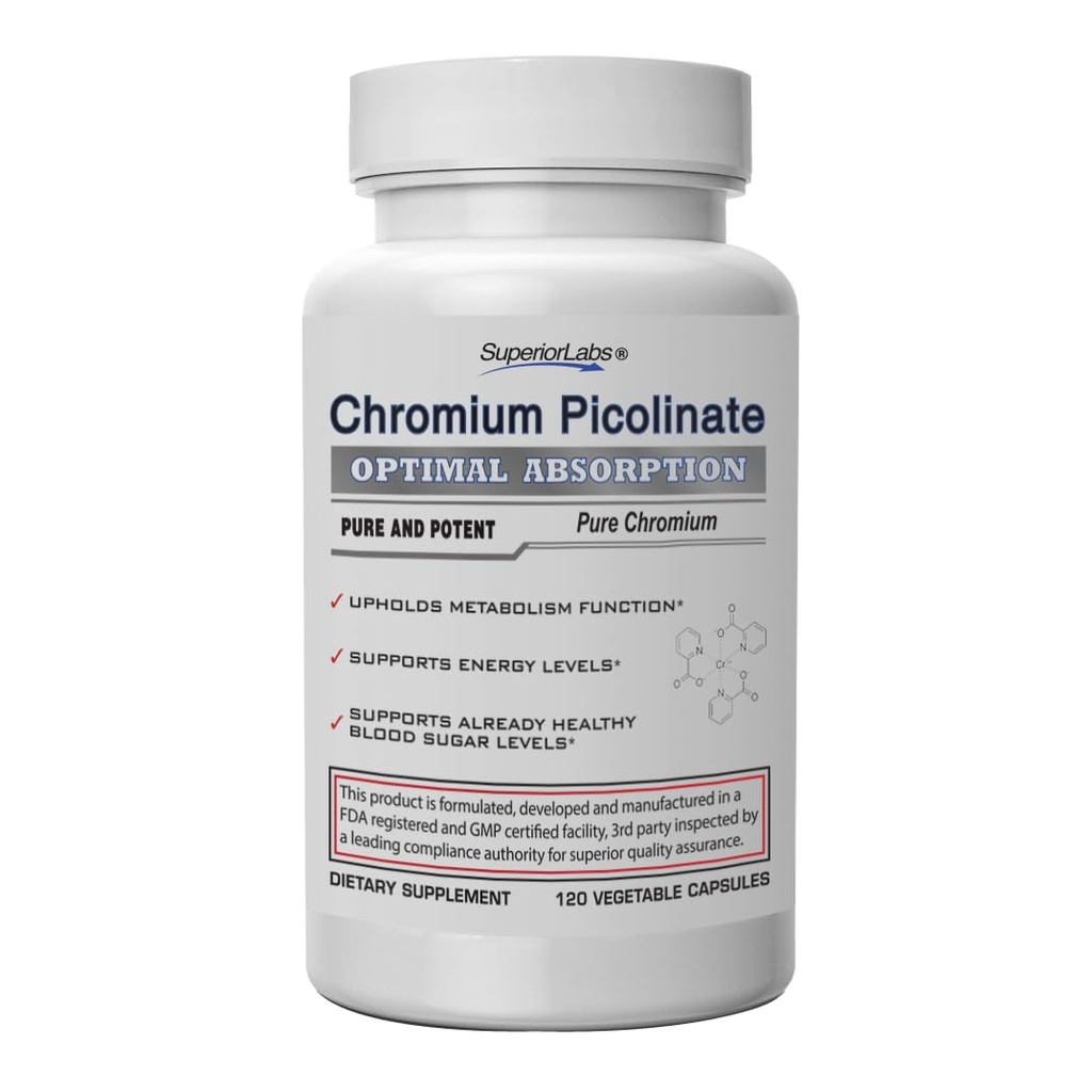 Superior Labs Picolinate de chrome 500mcg, Absorption élevée, Non-OGM, Sucre sanguin et soutien du métabolisme, Gestion du poids et de la rage alimentaire, aide l'énergie et la sensibilité à l'insuline, 120 capsules