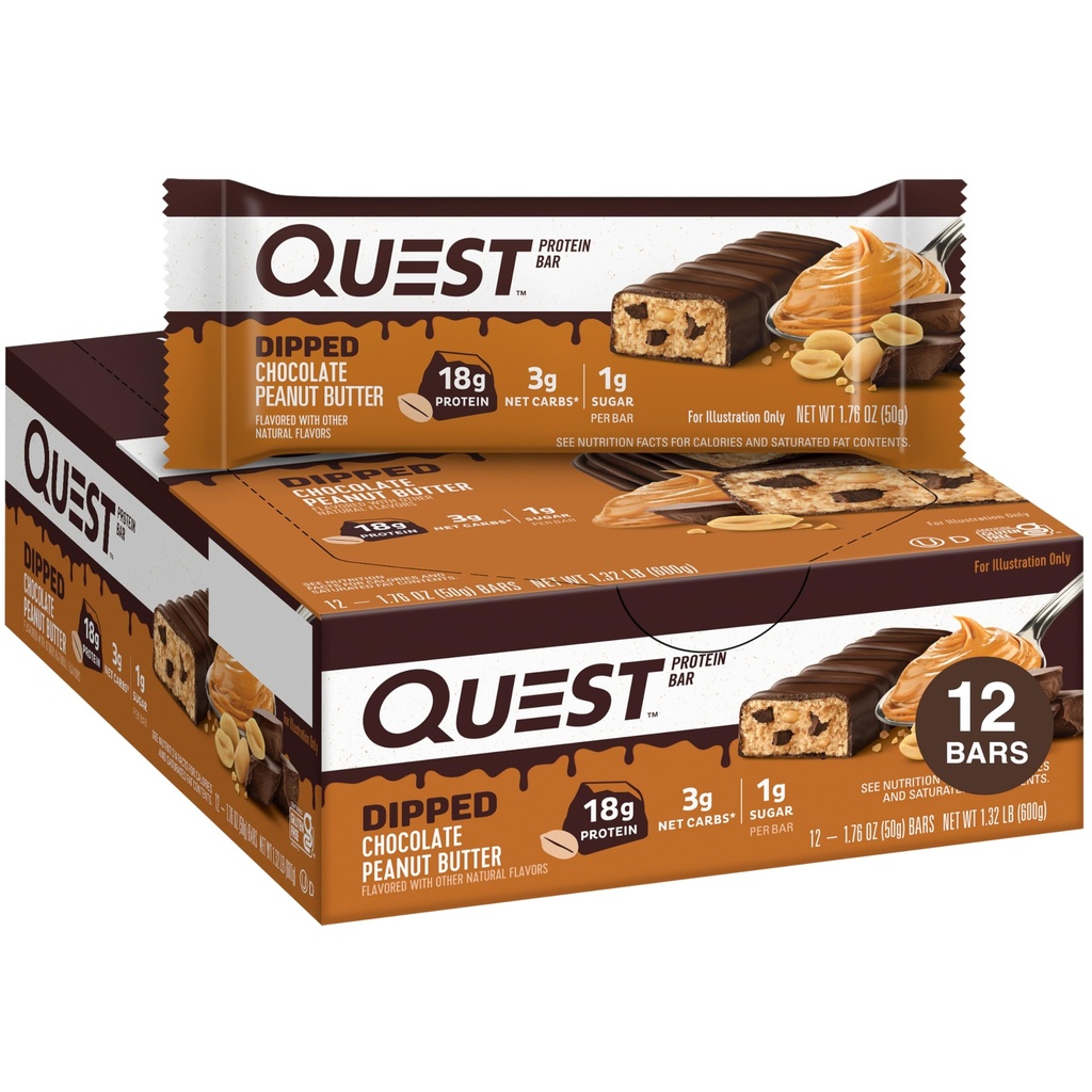 Quest Nutrition Bars de protéines de beurre d'arachides, 18g de protéines, 1g de sucre, 3g de glucides nets, sans gluten, 12 Compte