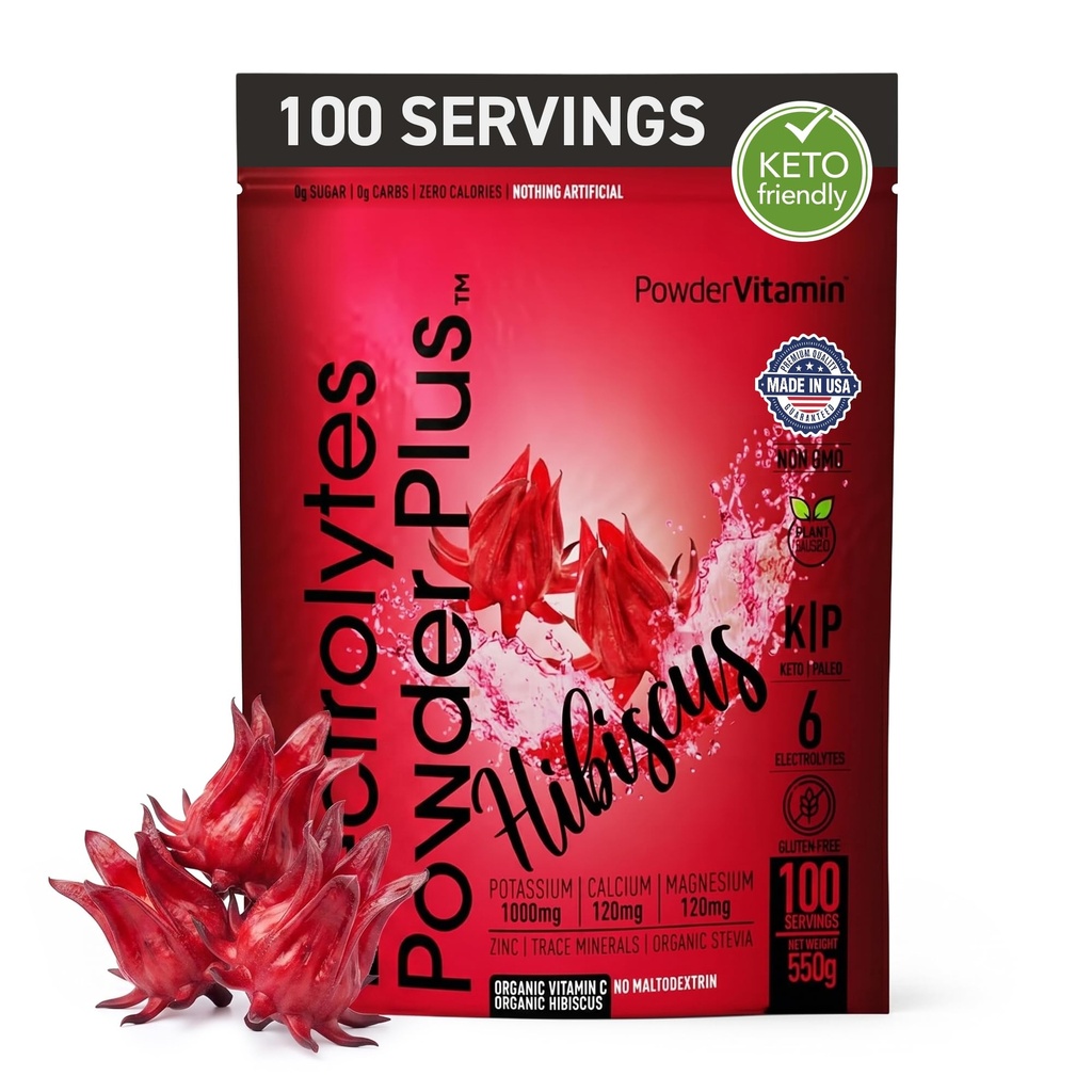 PoederVitamine Elektrolyten Poeder Plus (100 porties) Hibiscus Electrolyte Powder Zero Calorie Keto,0 Suiker, Geen Maltodextrine,1000mg Kalium,120mg Calcium,120mg Magnesium, Hydratatiepoeder