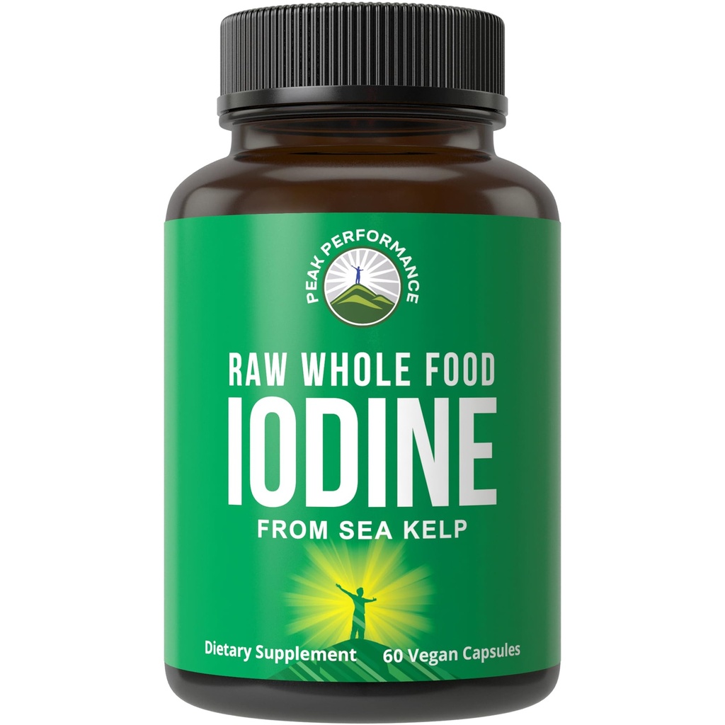 Raw Whole Food Jodium Supplement van Organic Kelp (Ascophyllum Nodosum) van Peak Performance. Kaliumjodide ondersteunende tabletten. voor Metabolisme, energie, en Immune. 60 Vegan capsules, pillen.