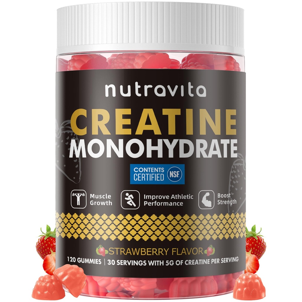 Nutravita NSF Certified Creatine Gummy - Creatine Monohydraat Gummies for Men & Women-5g Creatine Monohydraat per Serving - Sugar Free,Vegan, Strawberry Flavor, 120 Tel.