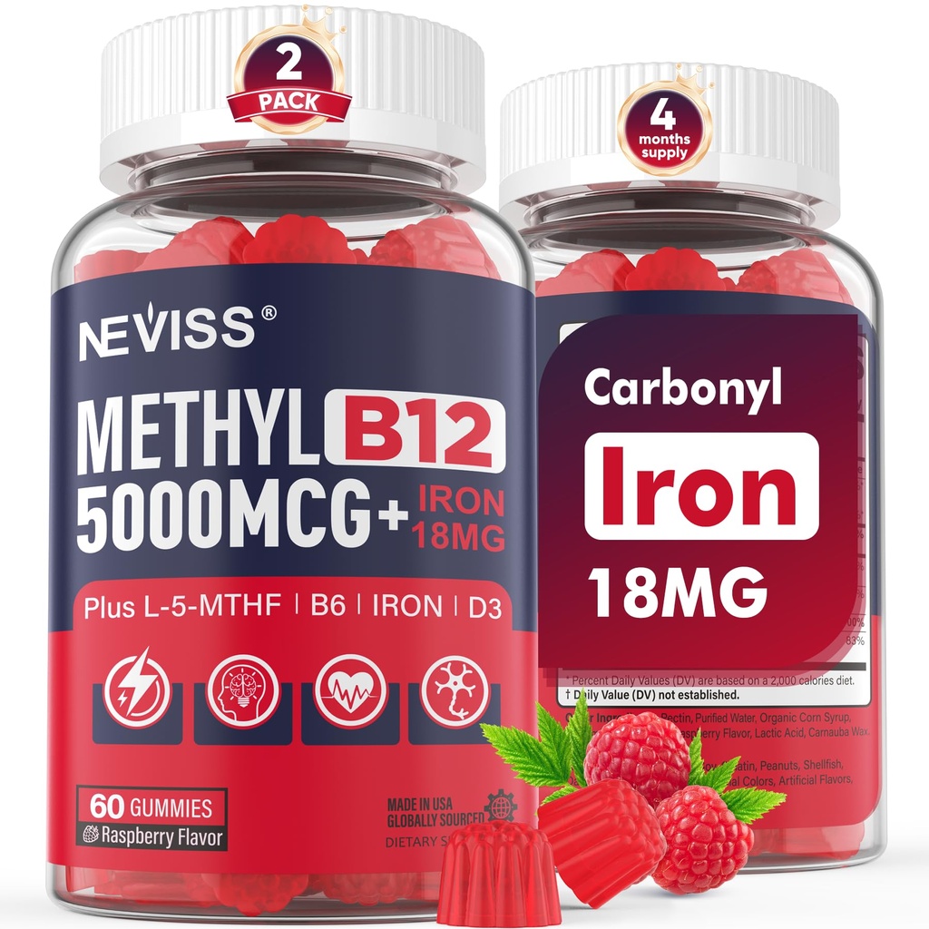 NEVISS Methyl B12 Vitaminen 5000 mcg Gummies + Iron 18 mg for Women - Active Methylcobalamine Methylated B12 Vitamin Supplement w/L-Methylfolaat, B6 (P5P) & D3 for Energy & Focus Support, 120 Servers
