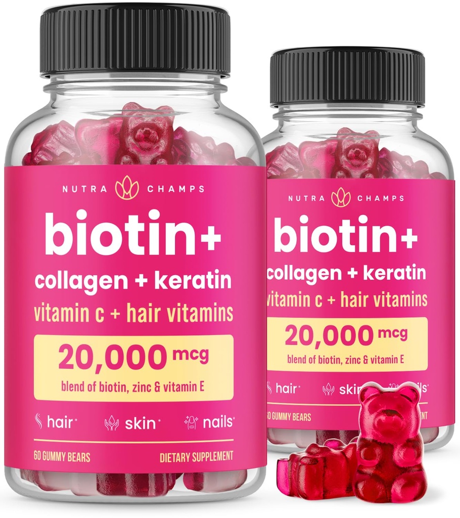 NutraChamps Hair Skin & Nails Gummies, Biotin met Collageen & Keratine, 5000mcg Biotin Beauty Complex, Vitamine Supplement, Berry, 120 Tel, gezond haar, Radiante huid en sterke nagels (pakket van 2)