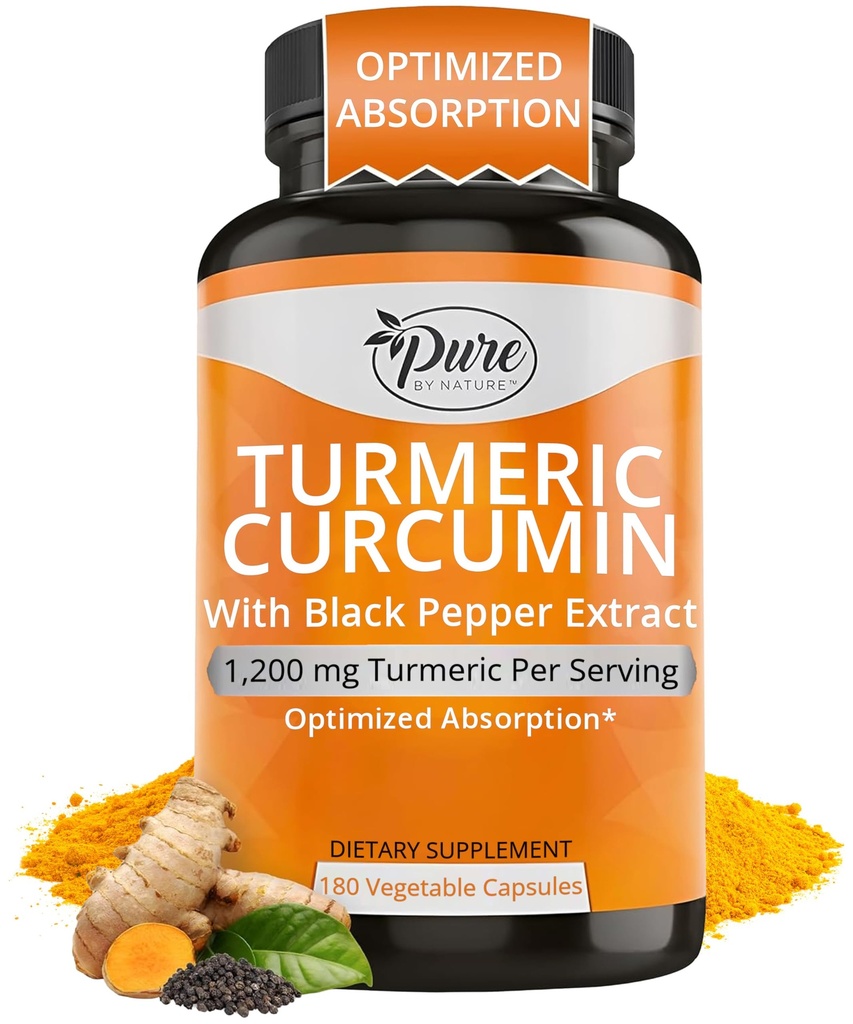 Pure By Nature Kurkuma Curcumine with Black Pepper Extract 10 mg Capsules, 1200 mg per portie, Biologische, Hoge Absorptie Antioxidant Ondersteuning (180 Tel.)