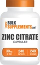 BulkSupplements.com Capsules de citrate de zinc - Suppléments de zinc, sans gluten - 30mg par portion, 1 Capsule par portion, 240 Nombre (paquet de 1)