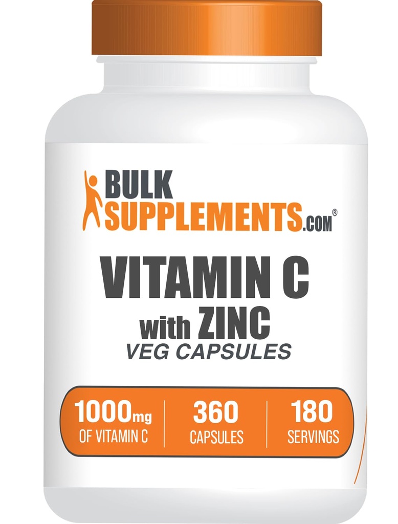 BulkSupplements.com Vitamine C met zinkcapsules - Vitamine C 1000mg & Zink 15mg, voor Immune Support - Vegan, 2 capsules per portie, 360 Veg Telling (pakket van 1)